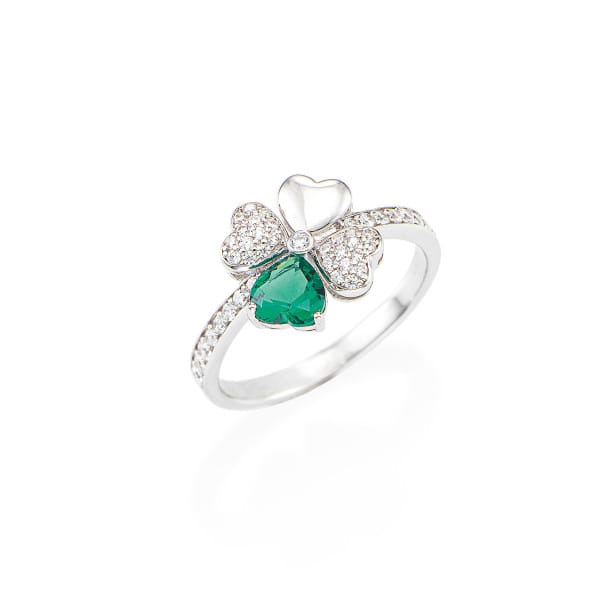 Anello Quadricuore Rodio e Zirconi Bianchi e Verdi Amen RQUBV-12